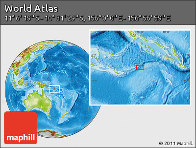 Physical Location Map of the Area around 10° 48' 54" S, 156° 28' 29" E