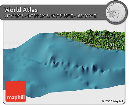 Satellite Panoramic Map of the Area around 10° 48' 54" S, 161° 34' 29" E