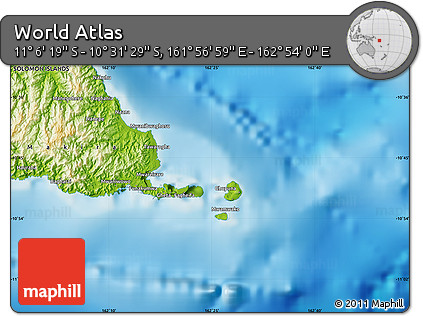 Physical Map of the Area around 10° 48' 54" S, 162° 25' 30" E