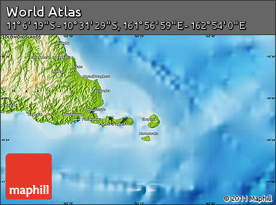 Physical Map of the Area around 10° 48' 54" S, 162° 25' 30" E