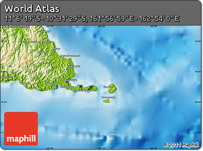 Physical Map of the Area around 10° 48' 54" S, 162° 25' 30" E