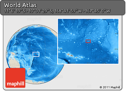 Shaded Relief Location Map of the Area around 10° 48' 54" S, 168° 13' 29" W