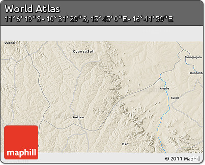 Shaded Relief 3D Map of the Area around 10° 48' 54" S, 16° 13' 30" E