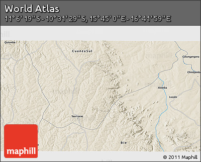 Shaded Relief 3D Map of the Area around 10° 48' 54" S, 16° 13' 30" E