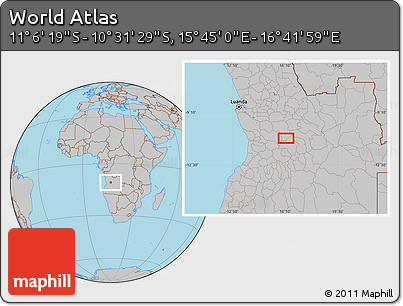 Gray Location Map of the Area around 10° 48' 54" S, 16° 13' 30" E