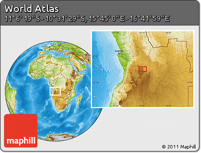 Physical Location Map of the Area around 10° 48' 54" S, 16° 13' 30" E