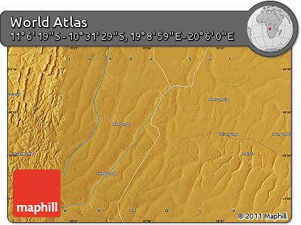 Physical Map of the Area around 10° 48' 54" S, 19° 37' 30" E