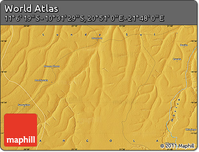 Physical Map of the Area around 10° 48' 54" S, 21° 19' 30" E