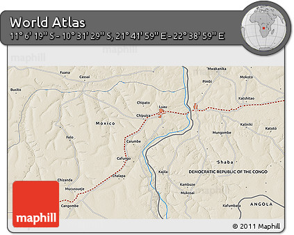 Shaded Relief 3D Map of the Area around 10° 48' 54" S, 22° 10' 29" E