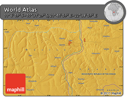 Physical Map of the Area around 10° 48' 54" S, 22° 10' 29" E