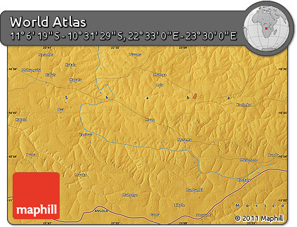Physical Map of the Area around 10° 48' 54" S, 23° 1' 29" E