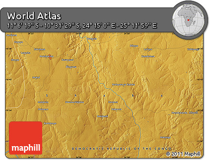 Physical Map of the Area around 10° 48' 54" S, 24° 43' 30" E
