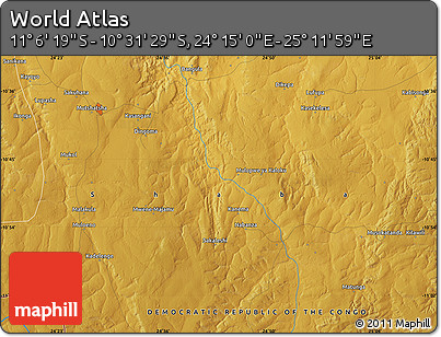 Physical Map of the Area around 10° 48' 54" S, 24° 43' 30" E