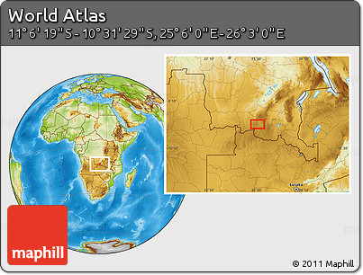 Physical Location Map of the Area around 10° 48' 54" S, 25° 34' 30" E