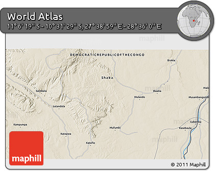 Shaded Relief 3D Map of the Area around 10° 48' 54" S, 28° 7' 30" E