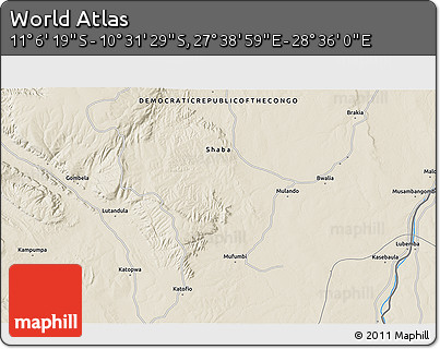 Shaded Relief 3D Map of the Area around 10° 48' 54" S, 28° 7' 30" E
