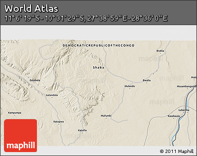Shaded Relief 3D Map of the Area around 10° 48' 54" S, 28° 7' 30" E