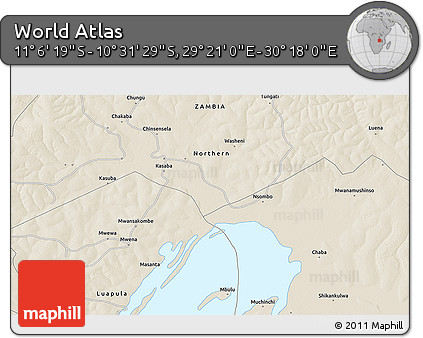 Shaded Relief 3D Map of the Area around 10° 48' 54" S, 29° 49' 30" E