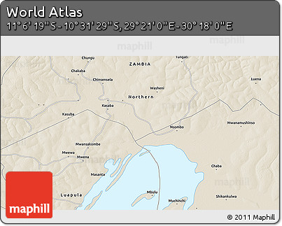 Shaded Relief 3D Map of the Area around 10° 48' 54" S, 29° 49' 30" E