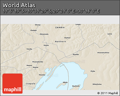 Shaded Relief 3D Map of the Area around 10° 48' 54" S, 29° 49' 30" E