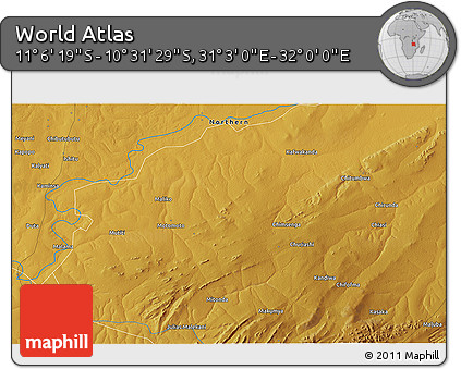 Physical 3D Map of the Area around 10° 48' 54" S, 31° 31' 29" E