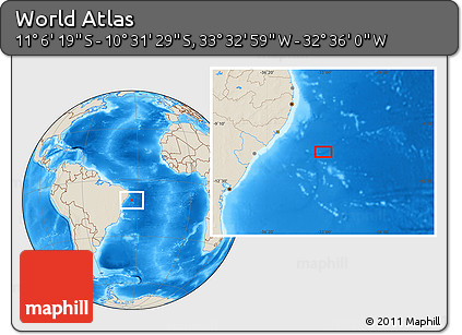 Shaded Relief Location Map of the Area around 10° 48' 54" S, 33° 4' 30" W