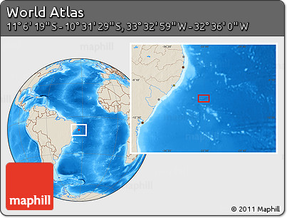 Shaded Relief Location Map of the Area around 10° 48' 54" S, 33° 4' 30" W