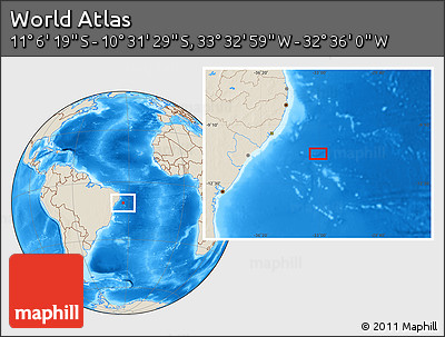 Shaded Relief Location Map of the Area around 10° 48' 54" S, 33° 4' 30" W