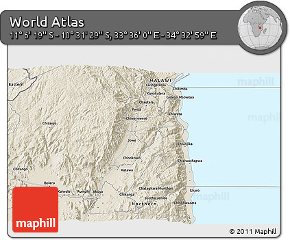 Shaded Relief 3D Map of the Area around 10° 48' 54" S, 34° 4' 30" E