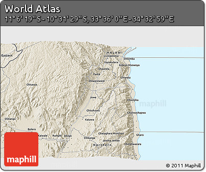 Shaded Relief 3D Map of the Area around 10° 48' 54" S, 34° 4' 30" E