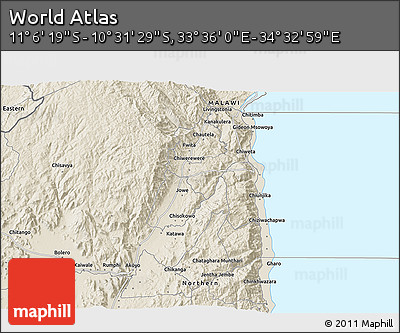 Shaded Relief 3D Map of the Area around 10° 48' 54" S, 34° 4' 30" E