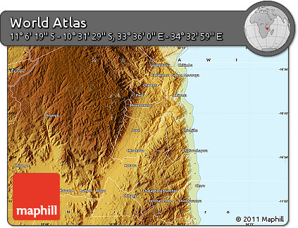 Physical Map of the Area around 10° 48' 54" S, 34° 4' 30" E