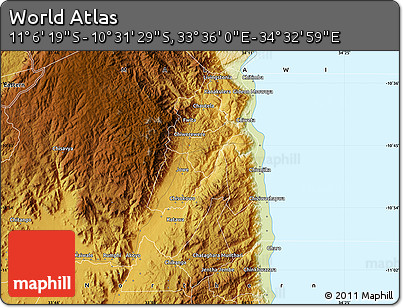 Physical Map of the Area around 10° 48' 54" S, 34° 4' 30" E