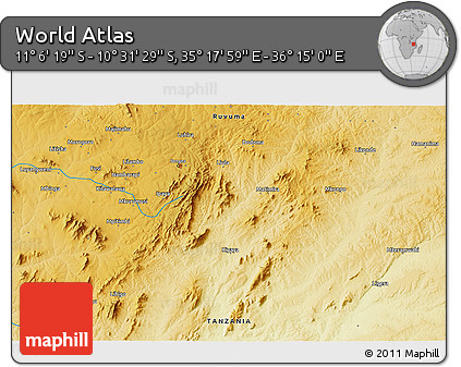 Physical 3D Map of the Area around 10° 48' 54" S, 35° 46' 29" E