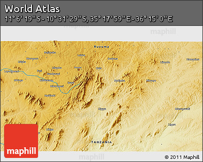 Physical 3D Map of the Area around 10° 48' 54" S, 35° 46' 29" E