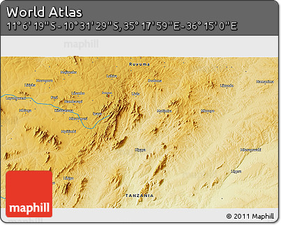 Physical 3D Map of the Area around 10° 48' 54" S, 35° 46' 29" E