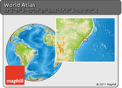Physical Location Map of the Area around 10° 48' 54" S, 36° 28' 30" W