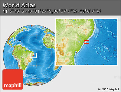 Physical Location Map of the Area around 10° 48' 54" S, 36° 28' 30" W