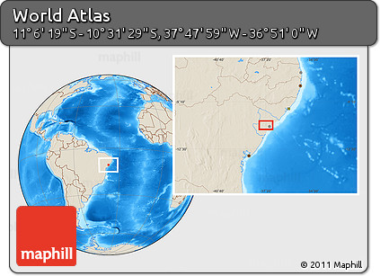 Shaded Relief Location Map of the Area around 10° 48' 54" S, 37° 19' 30" W