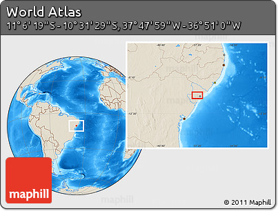 Shaded Relief Location Map of the Area around 10° 48' 54" S, 37° 19' 30" W