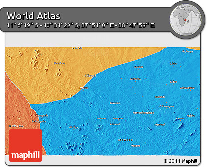 Political 3D Map of the Area around 10° 48' 54" S, 38° 19' 30" E