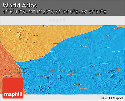 Political 3D Map of the Area around 10° 48' 54" S, 38° 19' 30" E