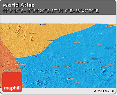 Political 3D Map of the Area around 10° 48' 54" S, 38° 19' 30" E