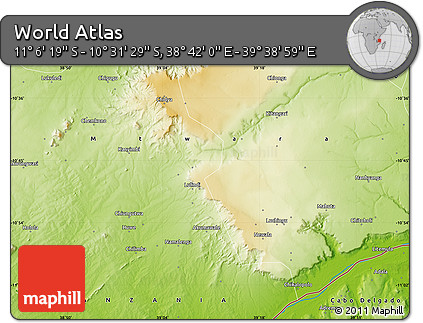 Physical Map of the Area around 10° 48' 54" S, 39° 10' 29" E