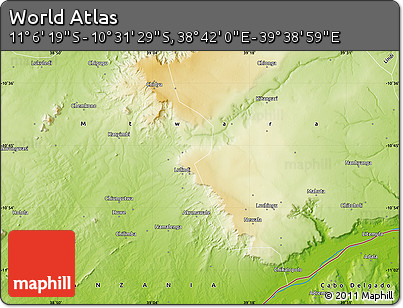Physical Map of the Area around 10° 48' 54" S, 39° 10' 29" E