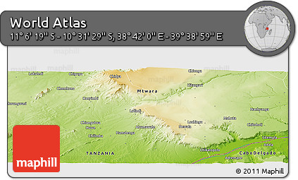 Physical Panoramic Map of the Area around 10° 48' 54" S, 39° 10' 29" E