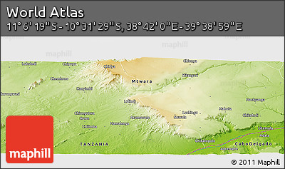 Physical Panoramic Map of the Area around 10° 48' 54" S, 39° 10' 29" E