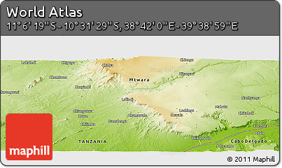 Physical Panoramic Map of the Area around 10° 48' 54" S, 39° 10' 29" E
