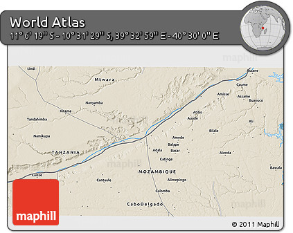 Shaded Relief 3D Map of the Area around 10° 48' 54" S, 40° 1' 29" E