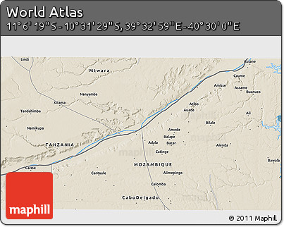 Shaded Relief 3D Map of the Area around 10° 48' 54" S, 40° 1' 29" E